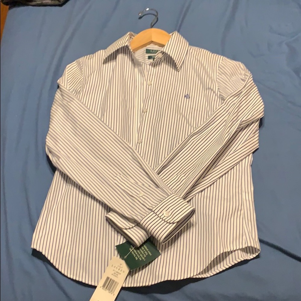 Women’s Lauren P blue striped shirt.